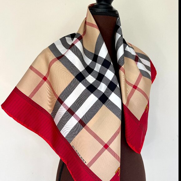 New Burberry Scarf Logo Iconic Beige Check Red Border Silk Wrap - Picture 12 of 15